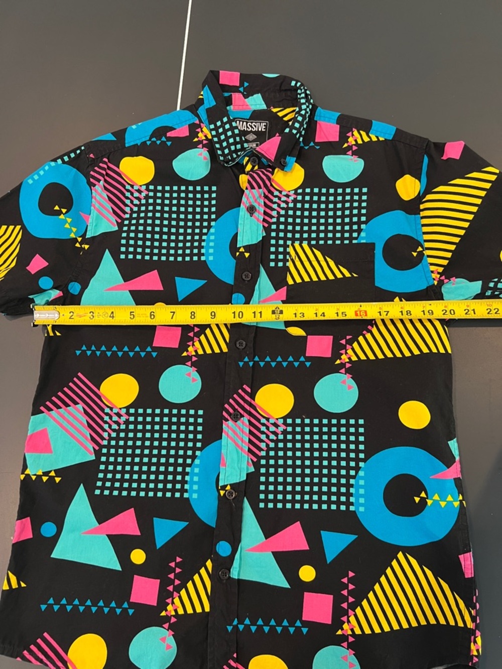 80s Print Geometric Black Yellow Blue Rad SS Button Down Shirt Mens Sz Medium - Picture 10 of 11